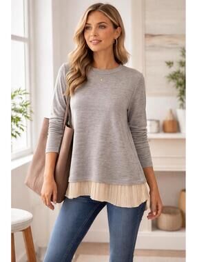 Hailey & Co Gray Knit Top w Pleated Hem Layered Look Long Sleeve NWOT